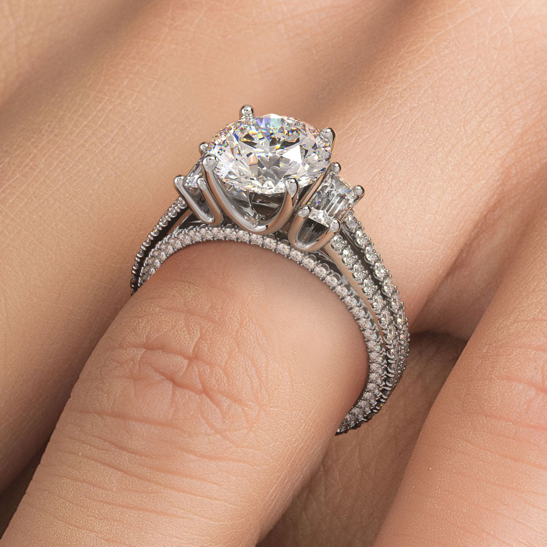 1.5 Carat Round Brilliant Three Stone Micropavé Split Shank