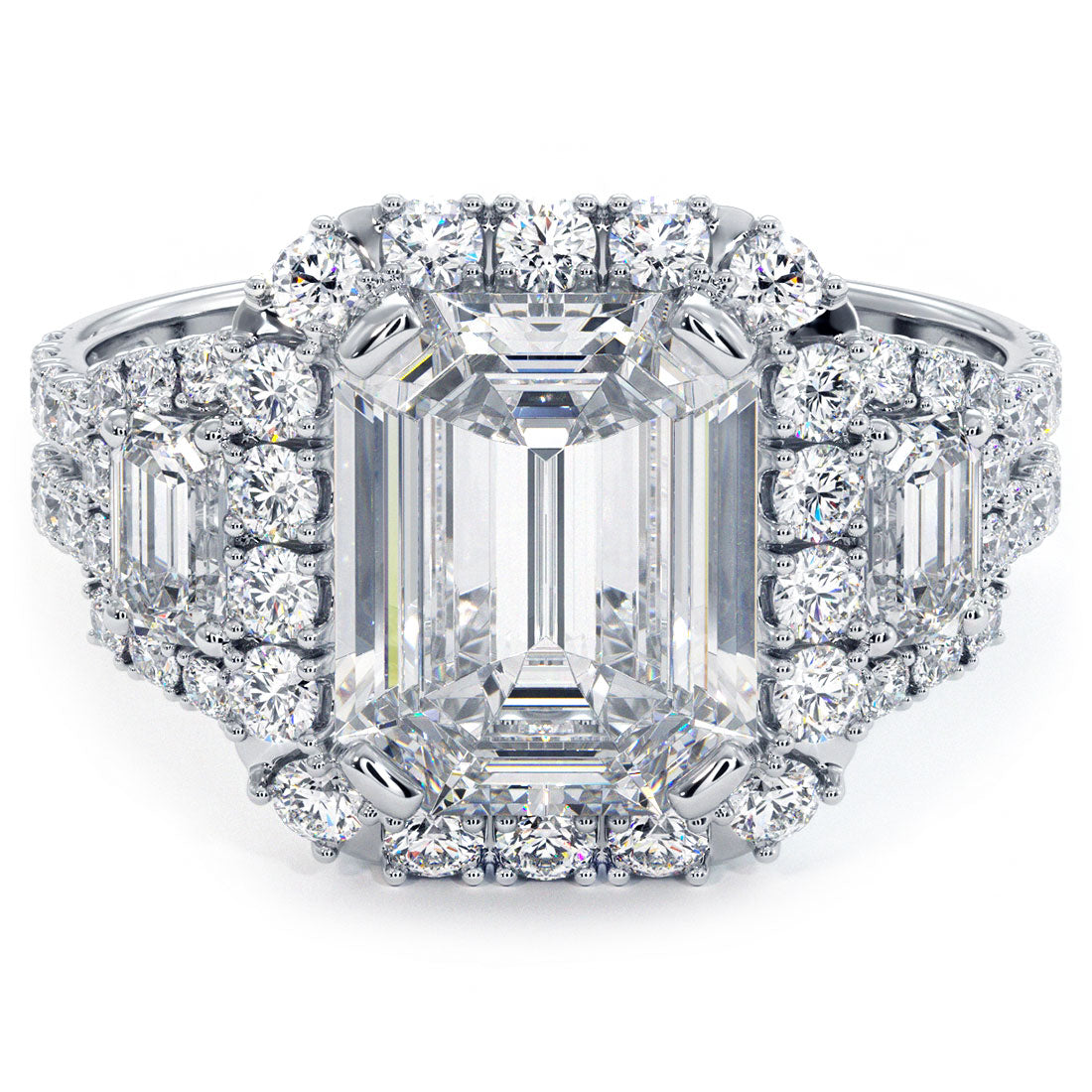 2 Carat Emerald Cut Three Stone Micropavé Halo