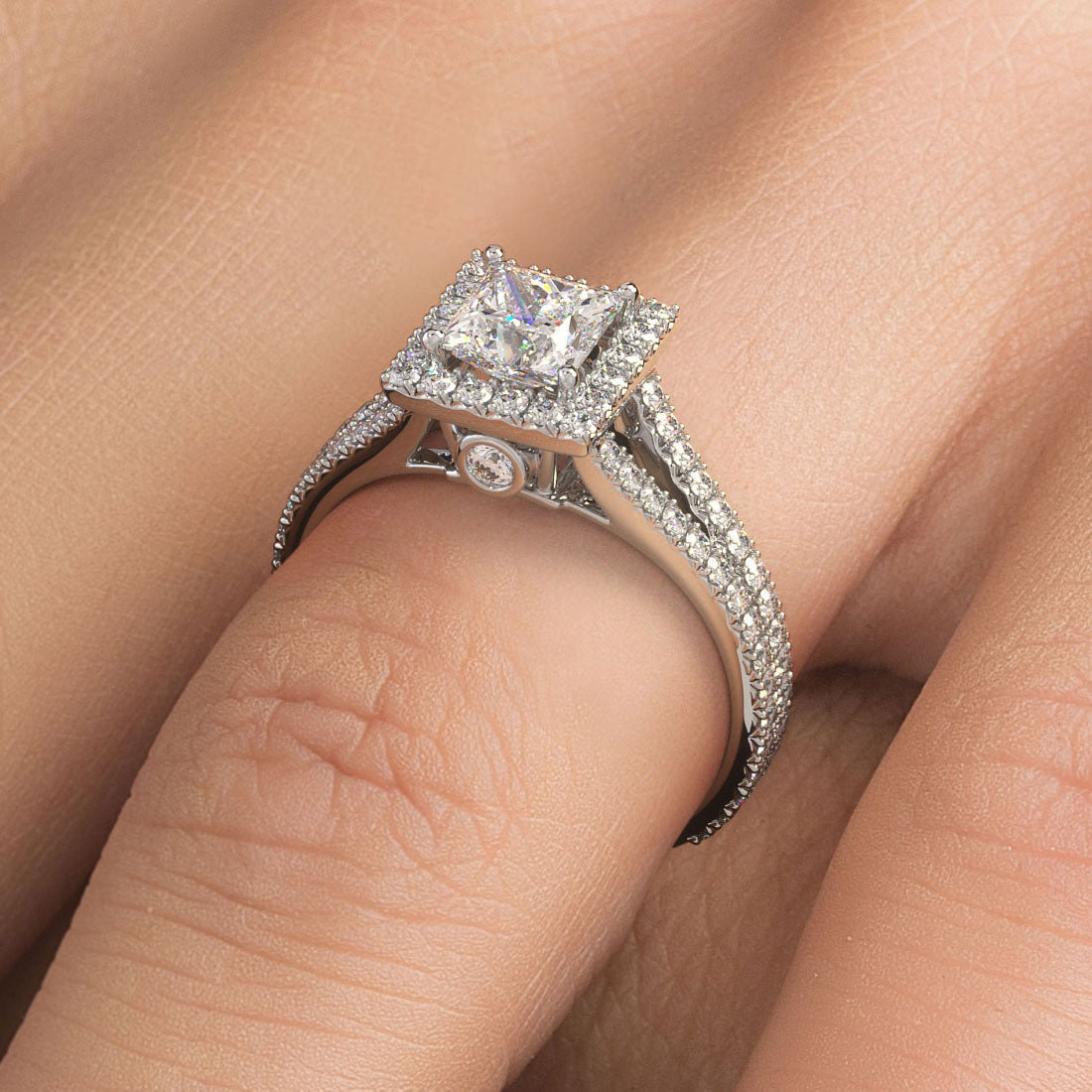 1 Carat Princess Cut Micropavé Split Shank Halo