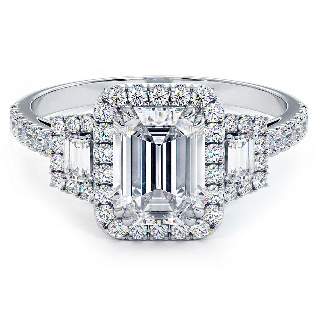 1.5 Carat Emerald Cut Three Stone Micropavé Halo