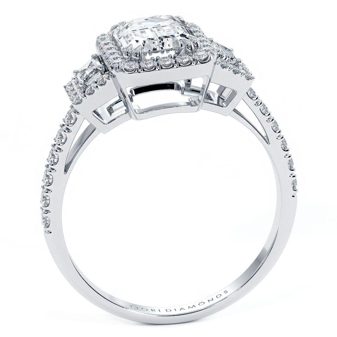 1.5 Carat Emerald Cut Three Stone Micropavé Halo