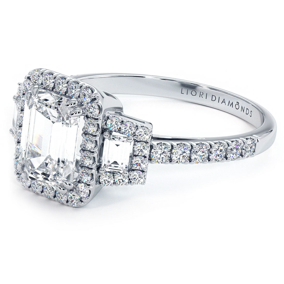 1.5 Carat Emerald Cut Three Stone Micropavé Halo