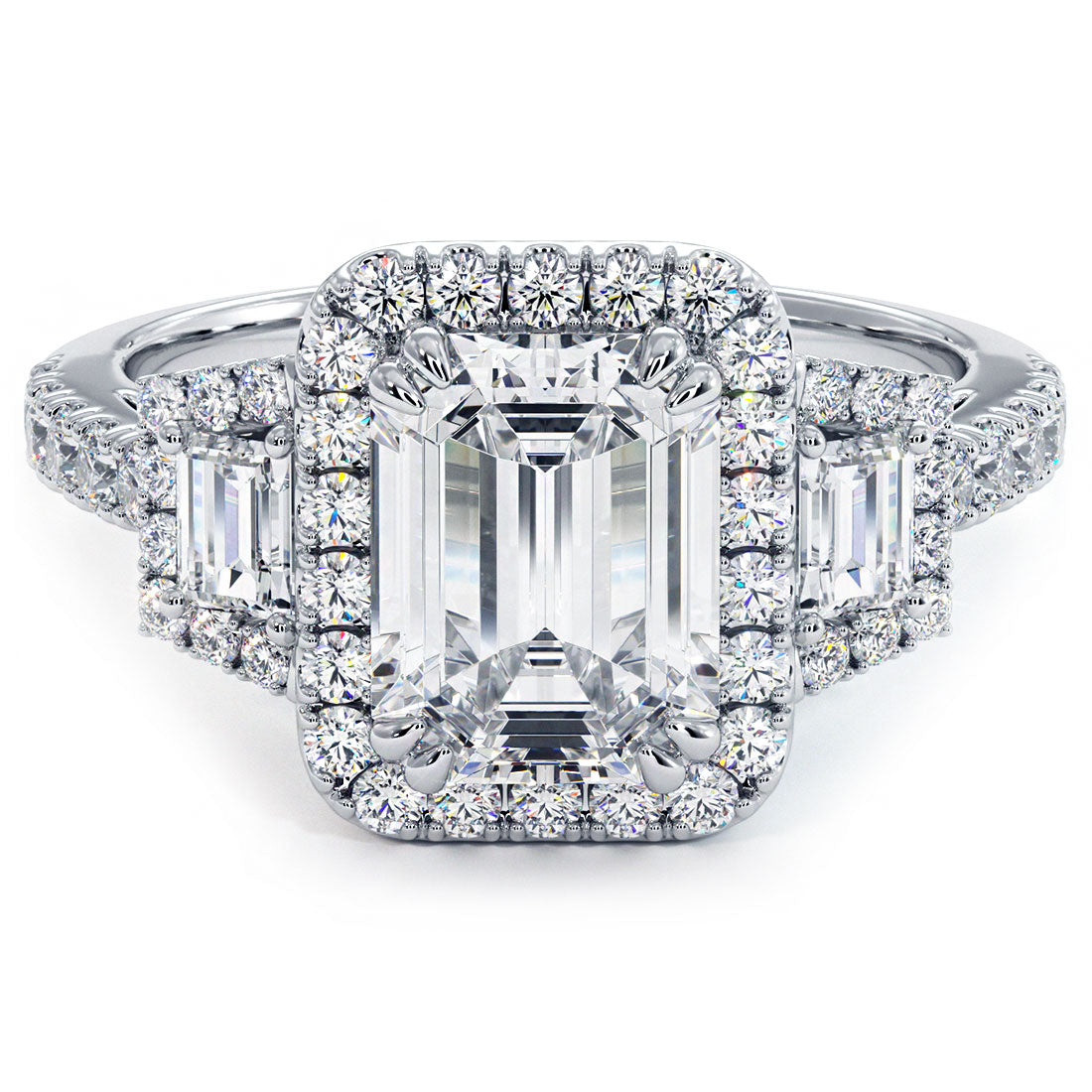 2 Carat Emerald Cut Three Stone Micropavé Halo