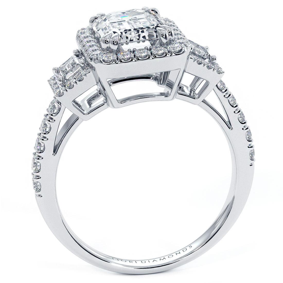 2 Carat Emerald Cut Three Stone Micropavé Halo