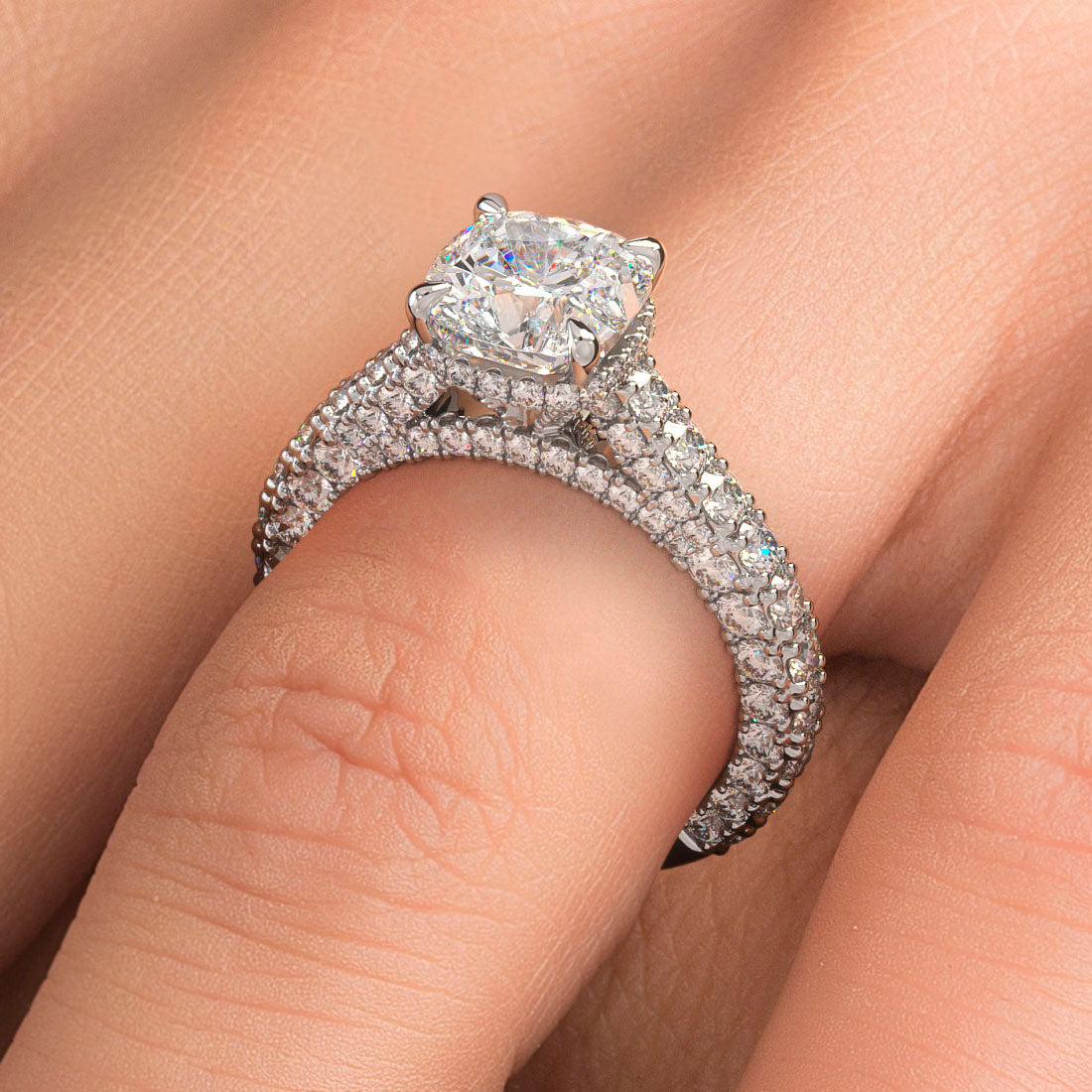 2 Carat Cushion Cut Trio Micropavé Under Halo