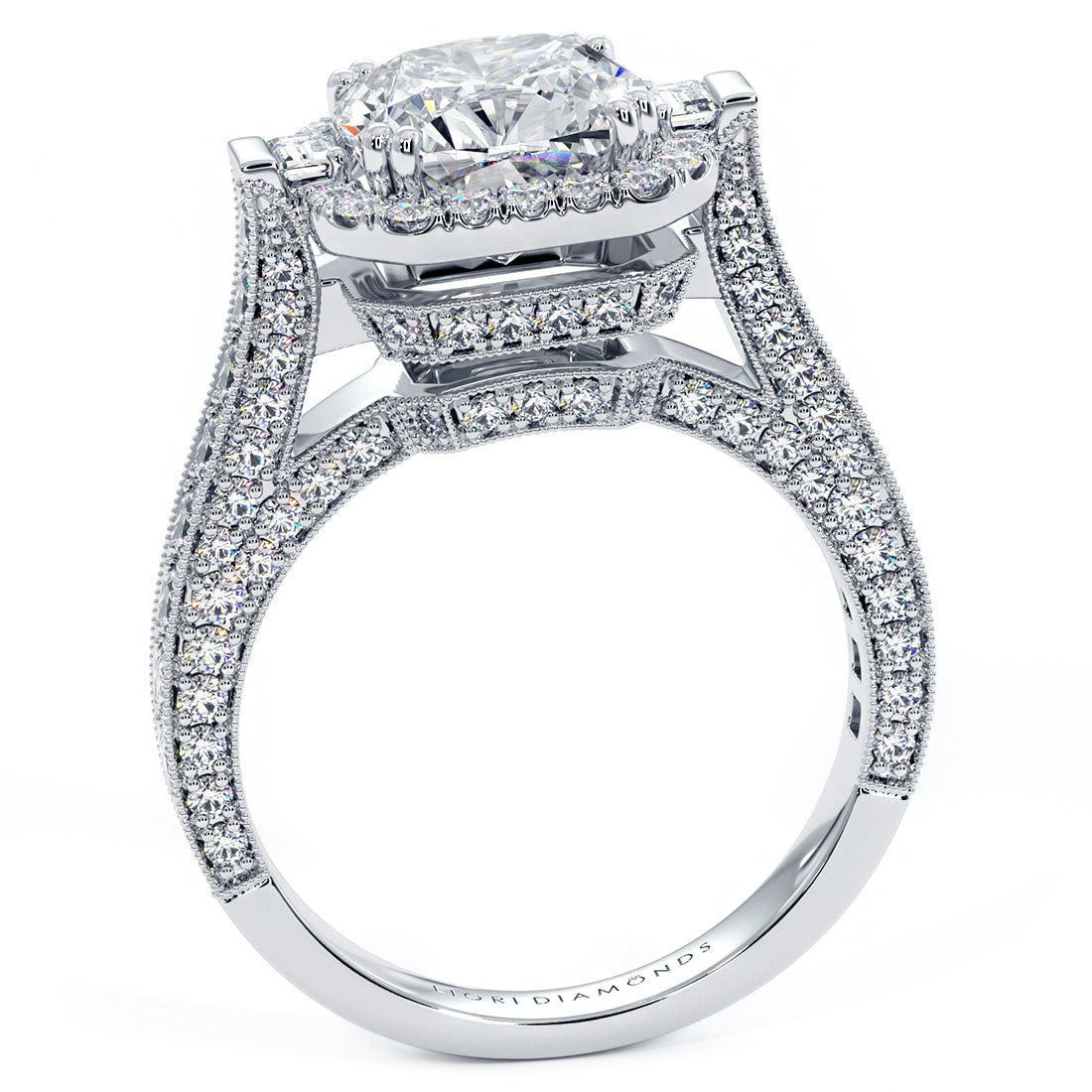 2 Carat Cushion Cut Micropavé Halo 3D Milgrain