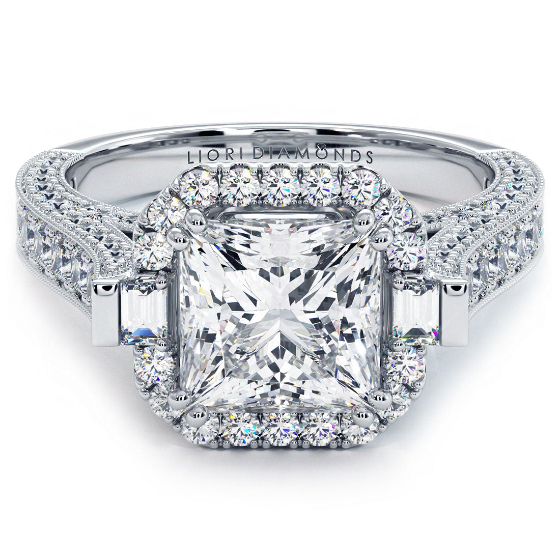 2 Carat Princess Cut Micropavé Halo 3D Milgrain