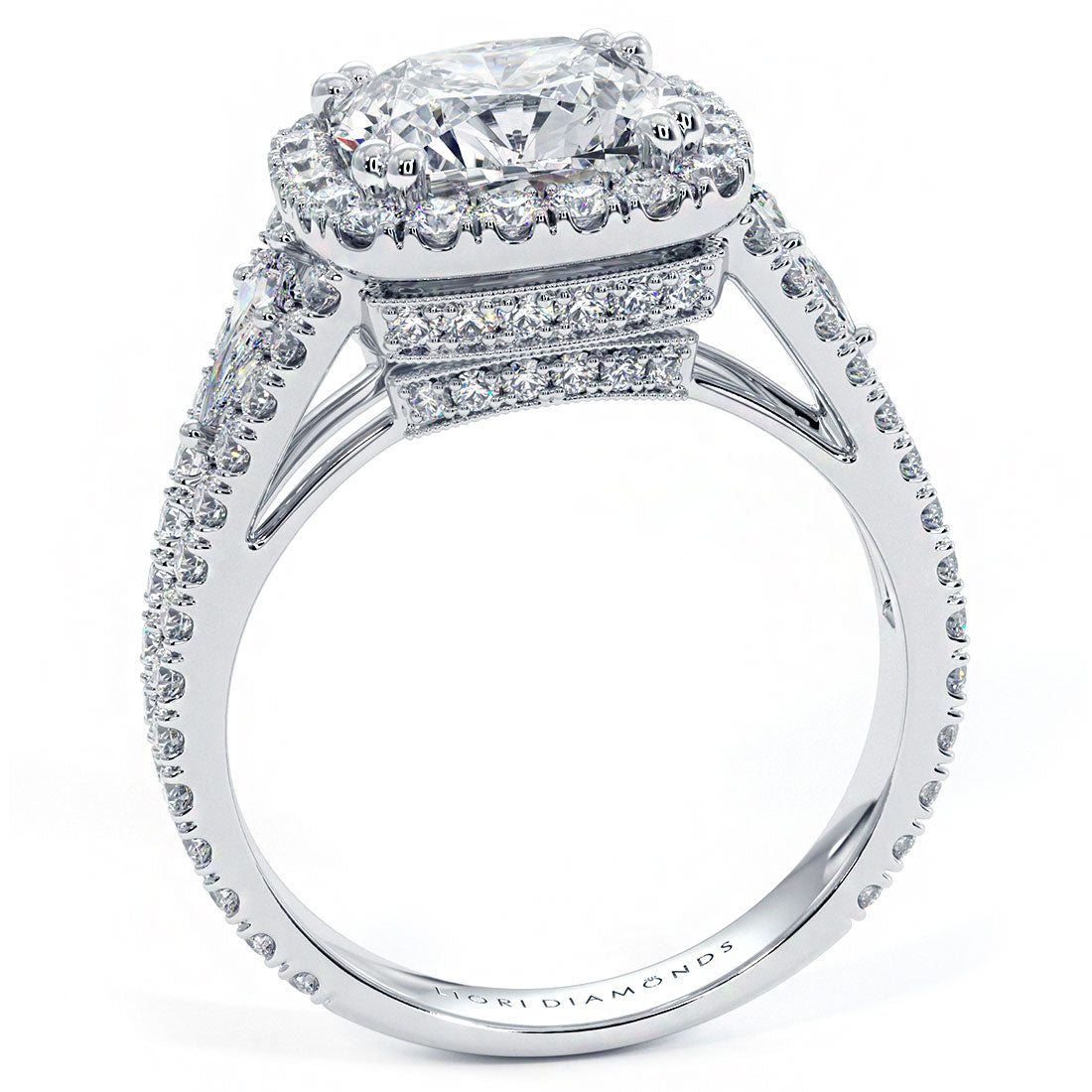 2.5 Carat Cushion Cut Three Stone Micropavé Split Shank