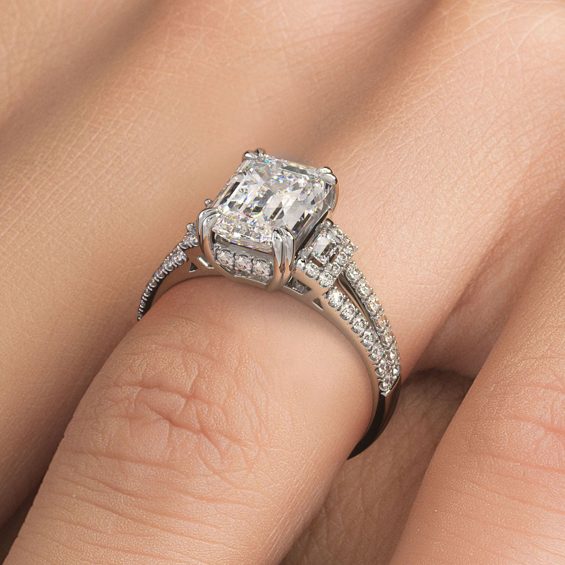 2 Carat Emerald Cut Three Stone Micropavé Split Shank