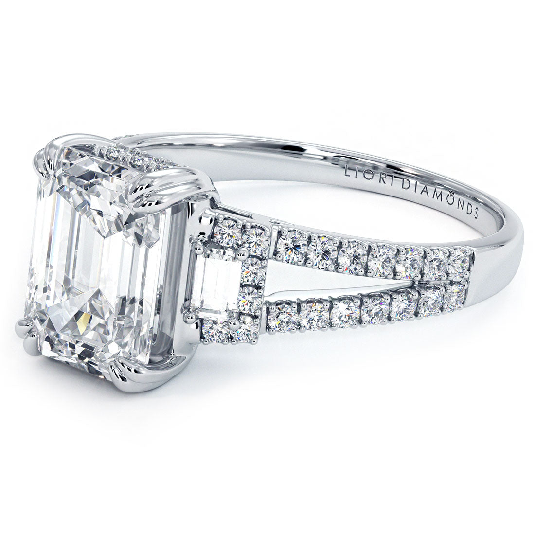 2 Carat Emerald Cut Three Stone Micropavé Split Shank