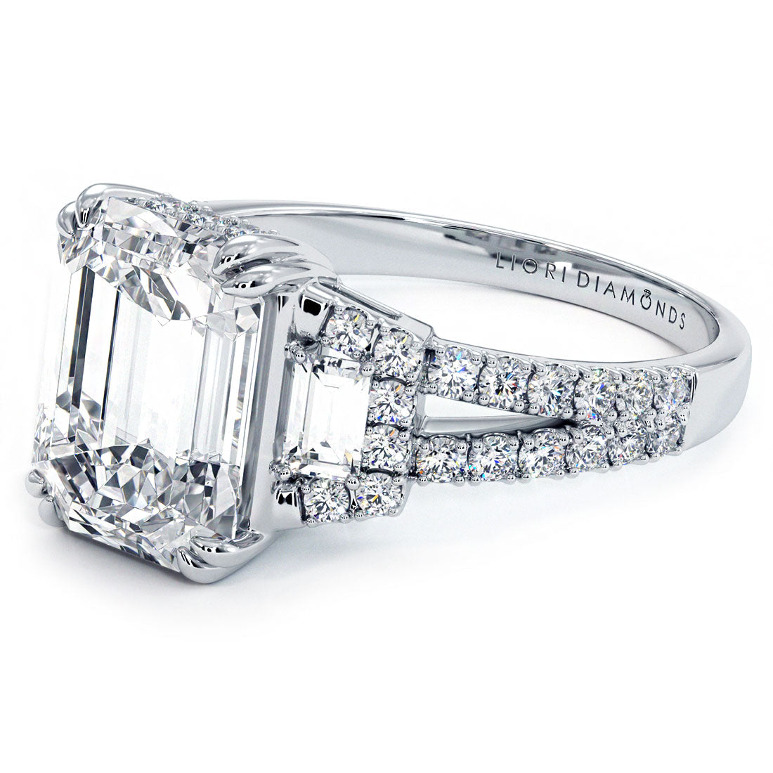 3 Carat Emerald Cut Three Stone Micropavé Split Shank