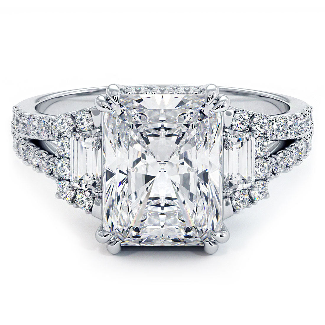 3 Carat Radiant Cut Three Stone Micropavé Split Shank
