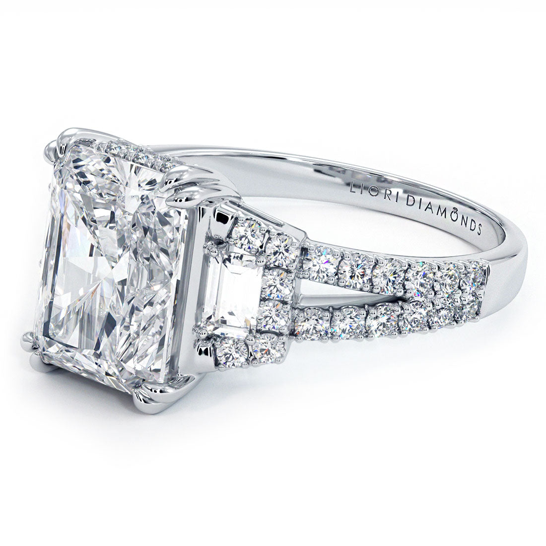 3 Carat Radiant Cut Three Stone Micropavé Split Shank