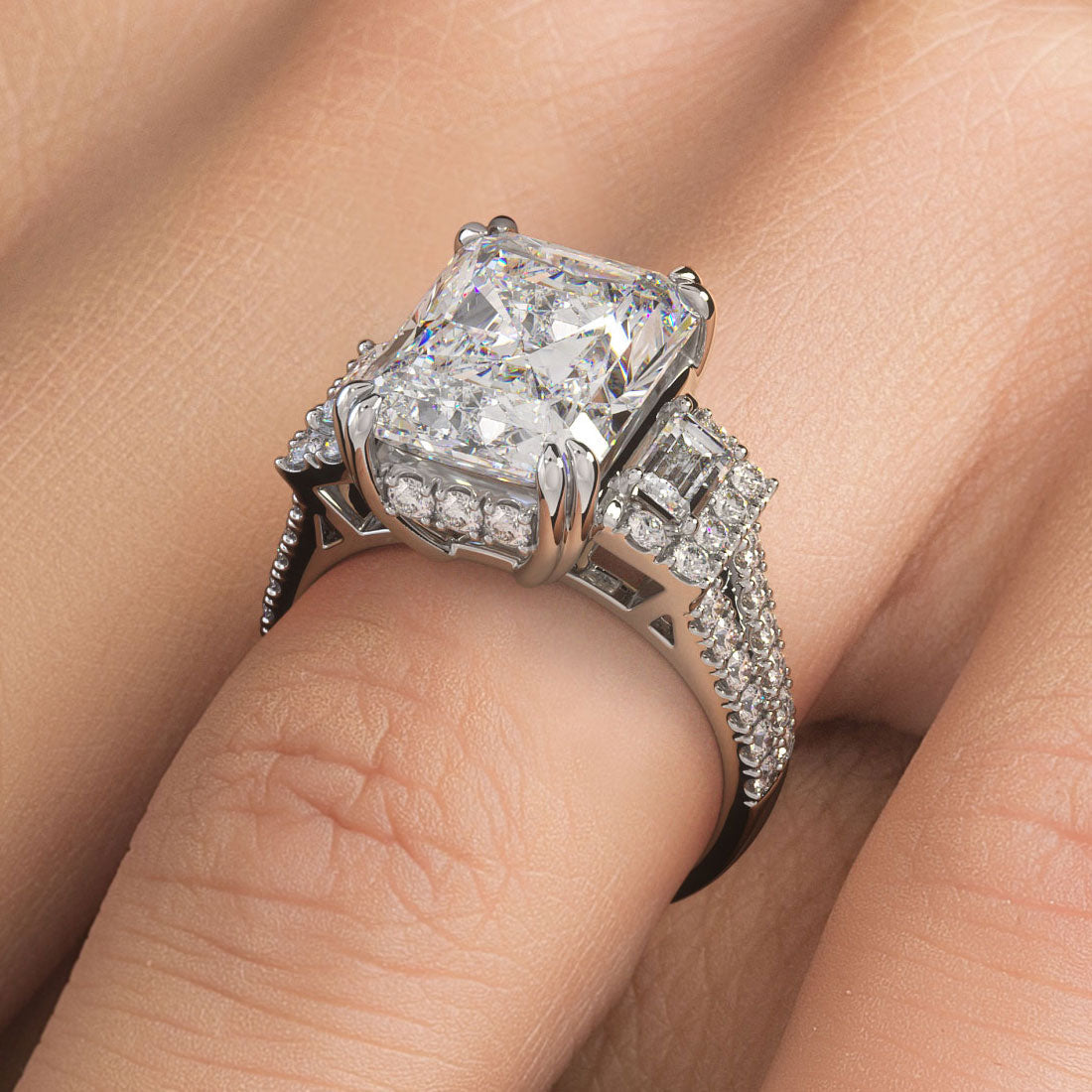 5 Carat Radiant Cut Three Stone Micropavé Split Shank