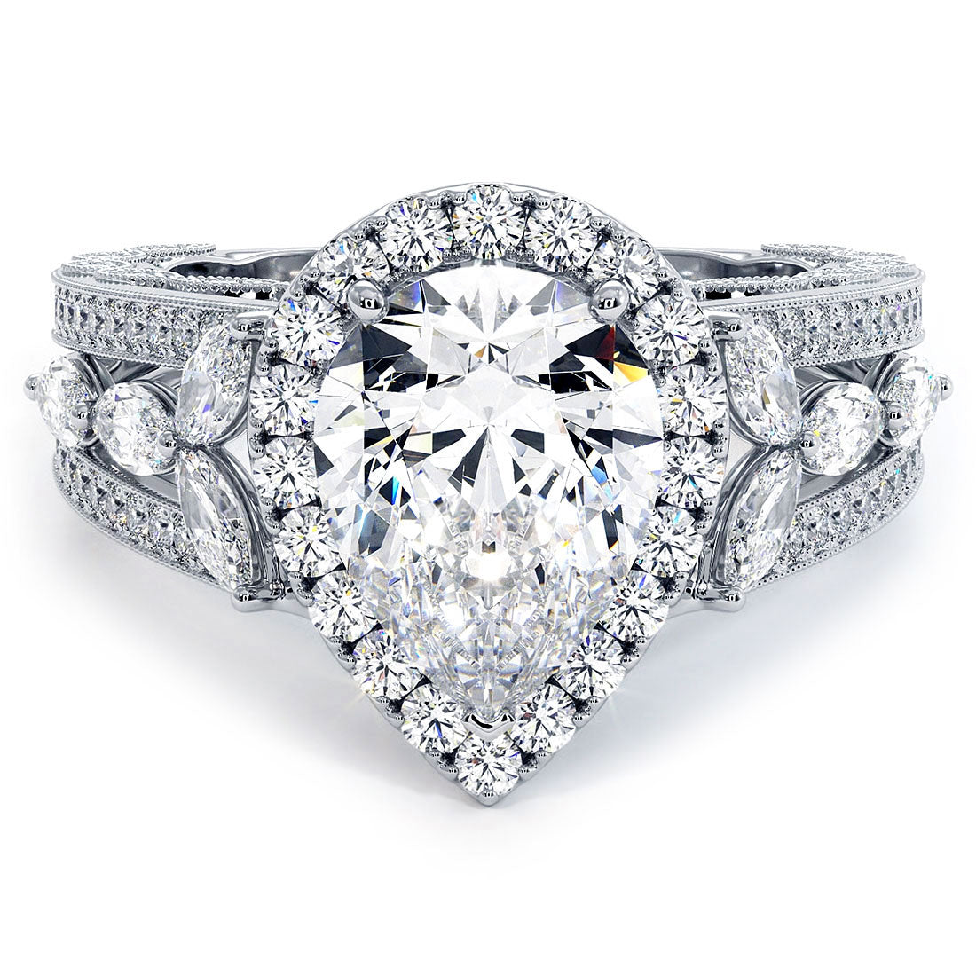 2 Carat Pear Shape Micropavé Halo Vintage Style Milgrain