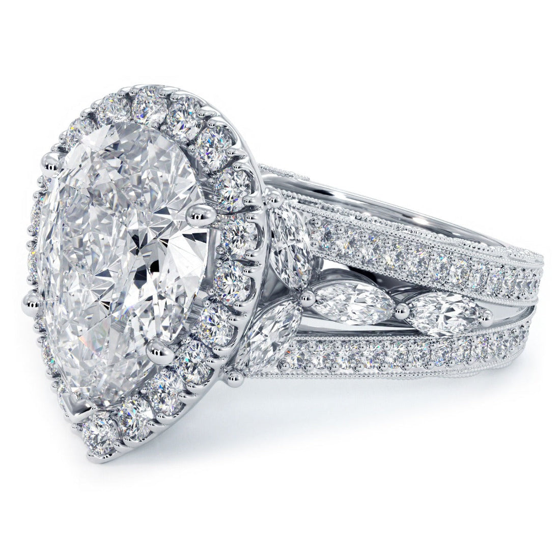 4 Carat Pear Shape Micropavé Halo Vintage Style Milgrain