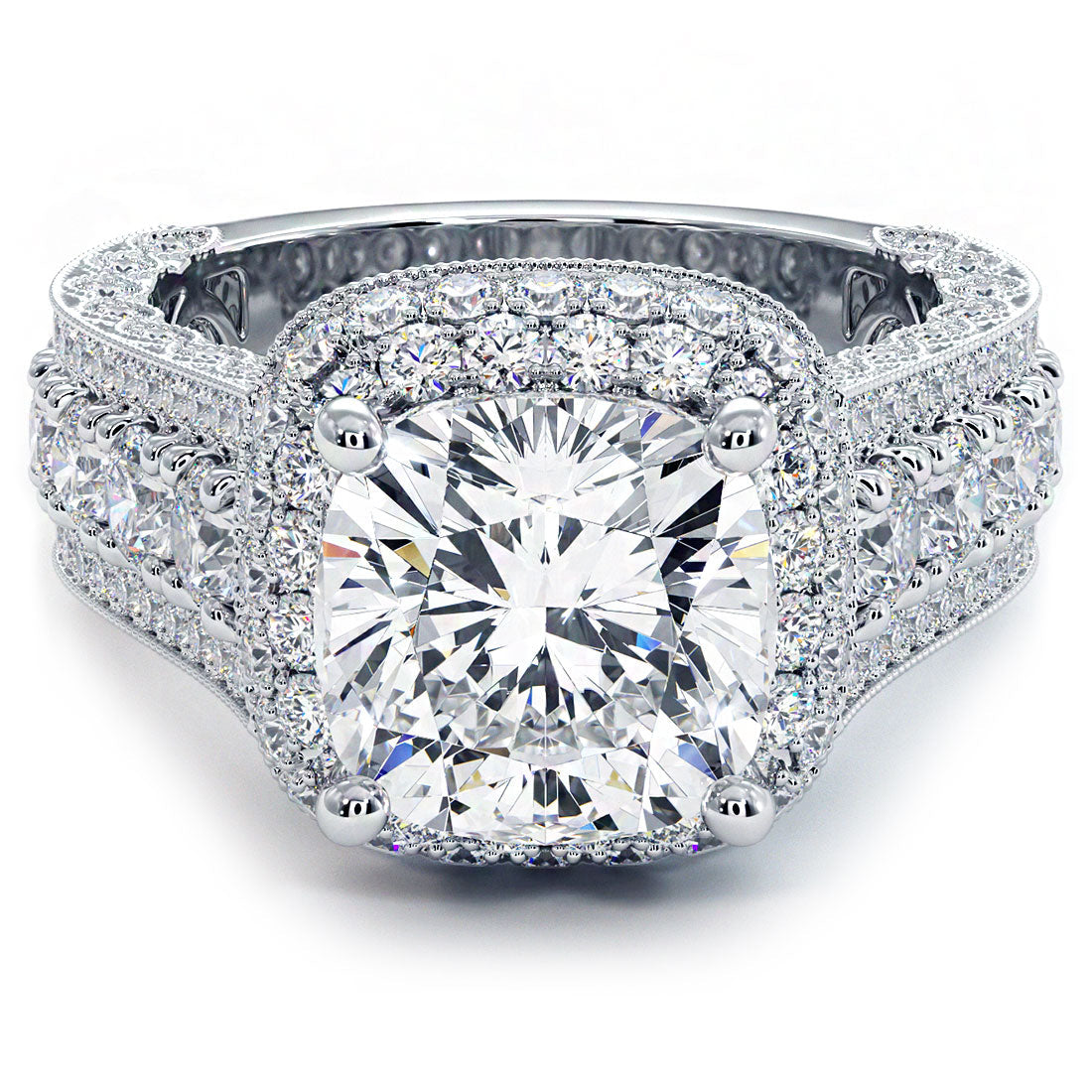 3.5 Carat Cushion Cut Vintage Style Micropavé Halo Graduated Shank