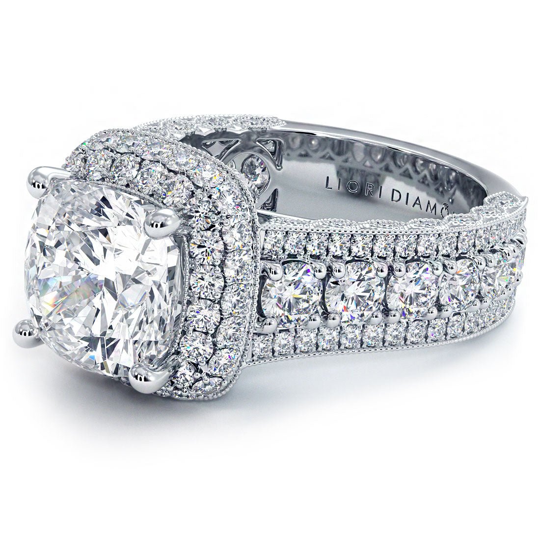 3.5 Carat Cushion Cut Vintage Style Micropavé Halo Graduated Shank