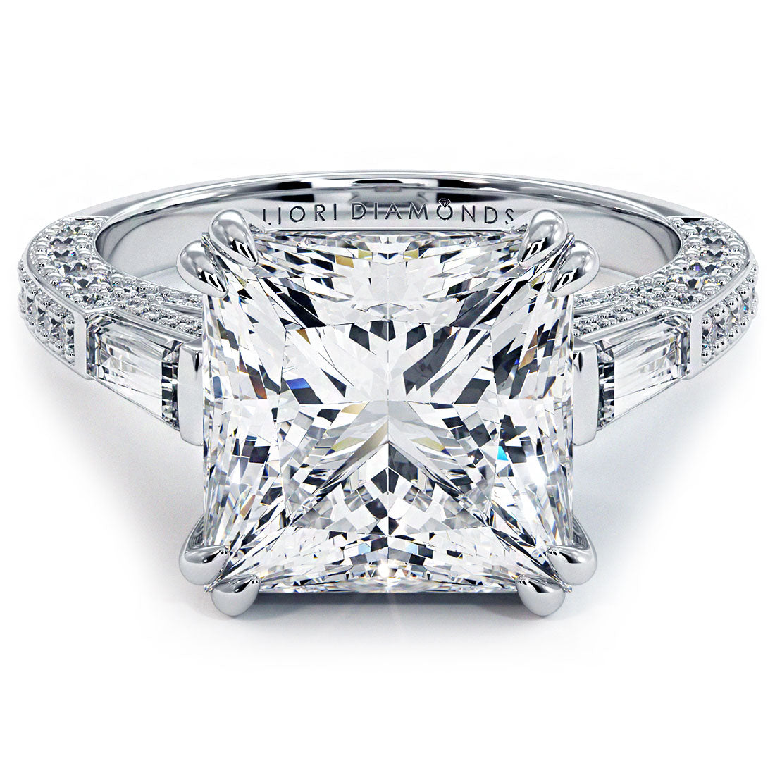 5 Carat Princess Cut & Tapered Baguette Three Stone Micropavé