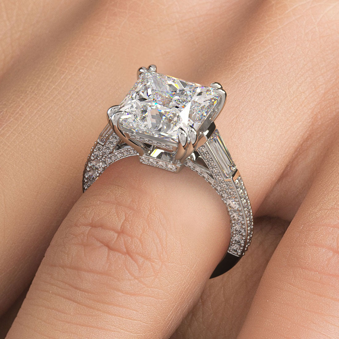 5 Carat Princess Cut & Tapered Baguette Three Stone Micropavé