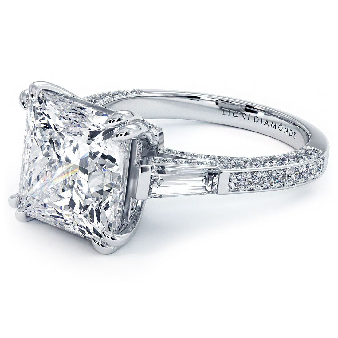 5 Carat Princess Cut & Tapered Baguette Three Stone Micropavé