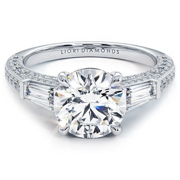 2 Carat Round Brilliant & Tapered Baguette Three Stone Micropavé