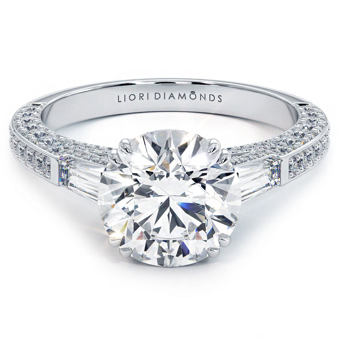 3 Carat Round Brilliant & Tapered Baguette Three Stone Micropavé