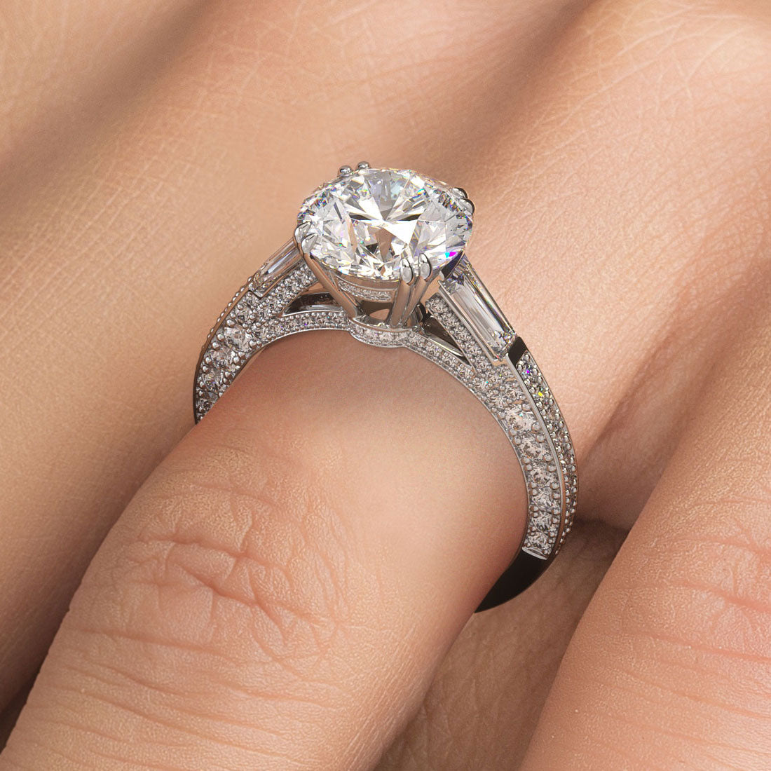 3 Carat Round Brilliant & Tapered Baguette Three Stone Micropavé