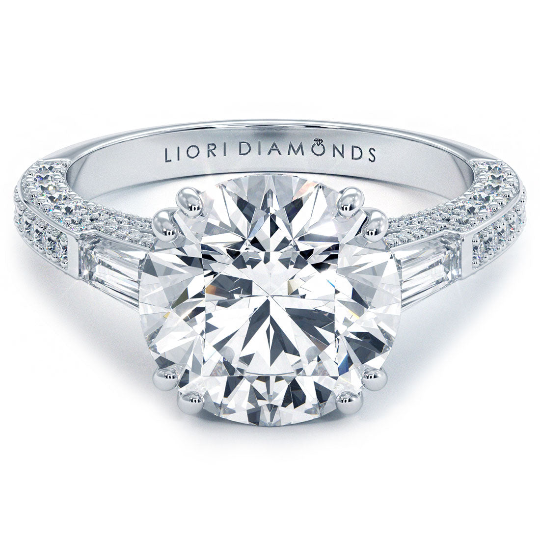 5 Carat Round Brilliant & Tapered Baguette Three Stone Micropavé