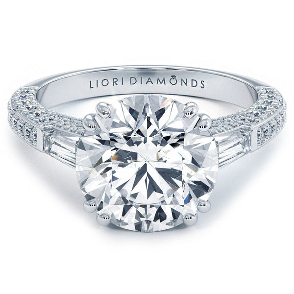 5 Carat Round Brilliant & Tapered Baguette Three Stone Micropavé