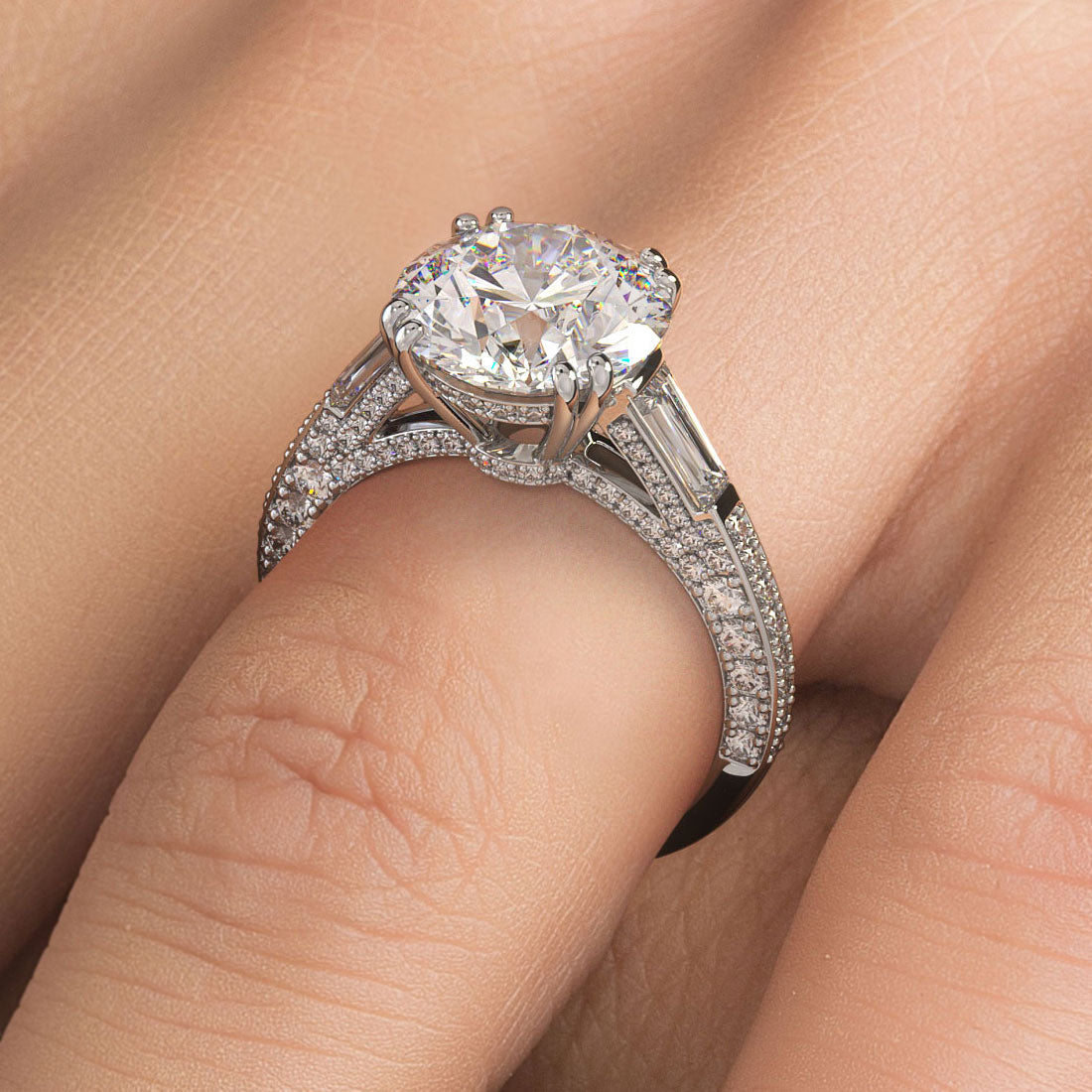 5 Carat Round Brilliant & Tapered Baguette Three Stone Micropavé