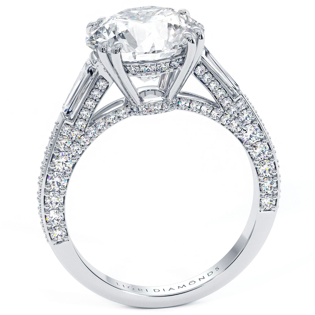 5 Carat Round Brilliant & Tapered Baguette Three Stone Micropavé