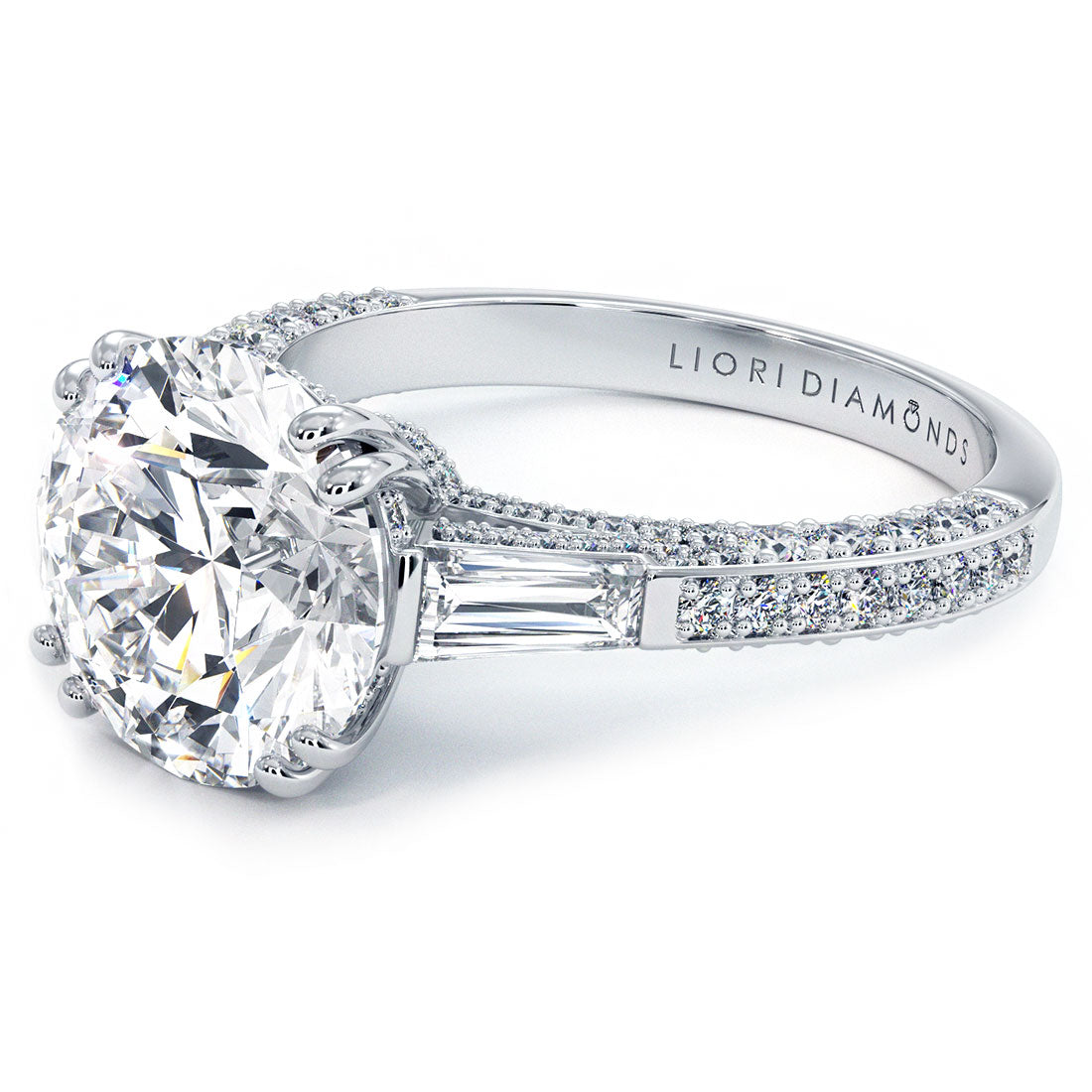 5 Carat Round Brilliant & Tapered Baguette Three Stone Micropavé