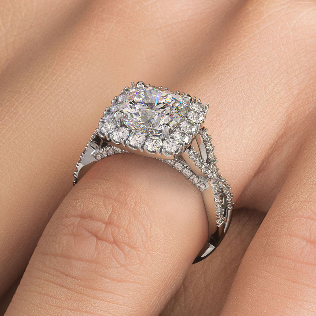 2 Carat Cushion Cut Square Halo Infinity Twist