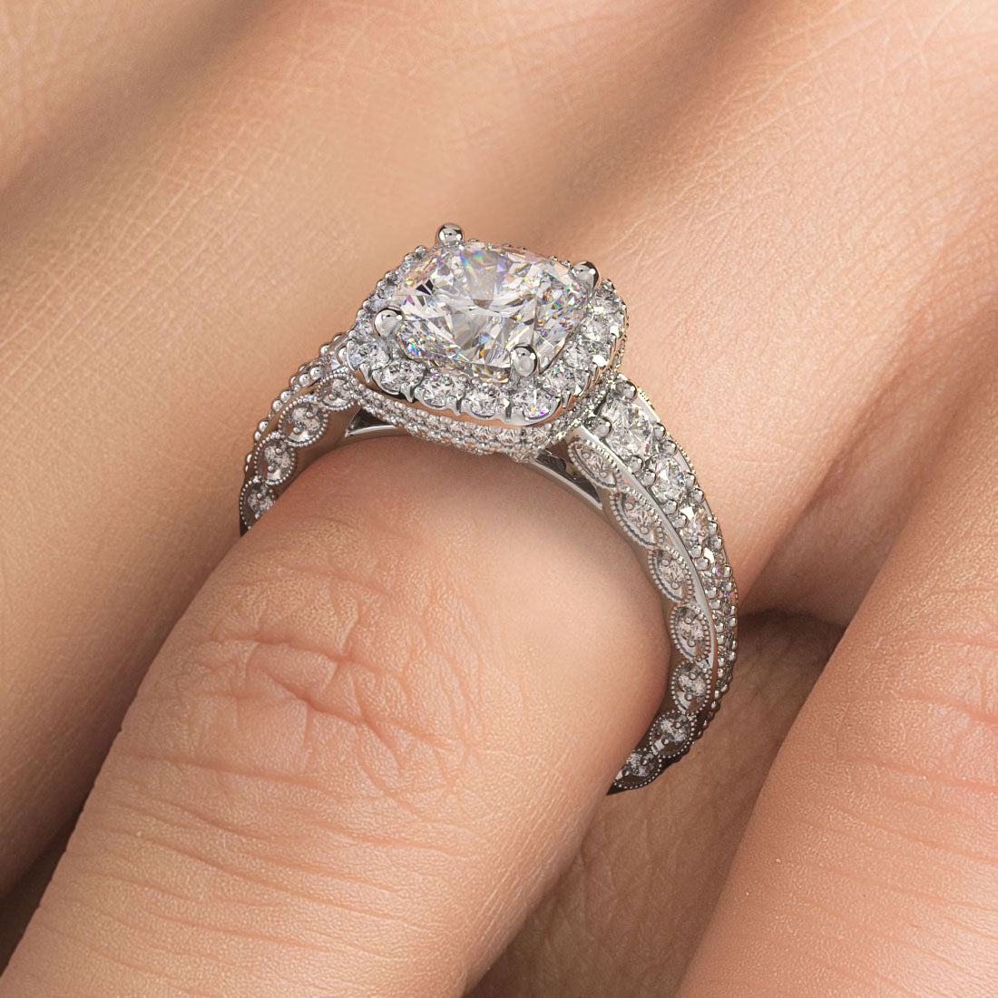 1.5 Carat Cushion Cut Filigree Vintage Style Halo