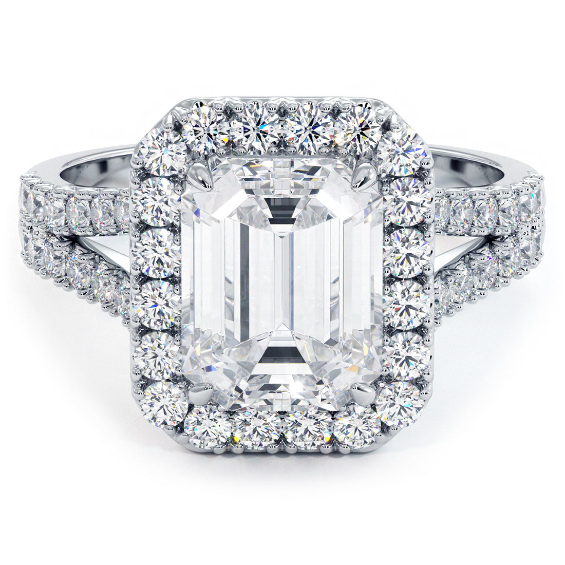 3 Carat Emerald Cut French Cut Halo Split Shank