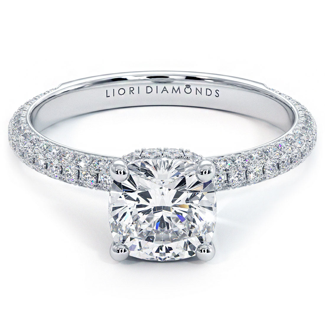 1.5 Carat Cushion Cut Under Halo Trio Micropavé