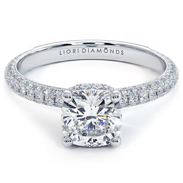 1.5 Carat Cushion Cut Under Halo Trio Micropavé