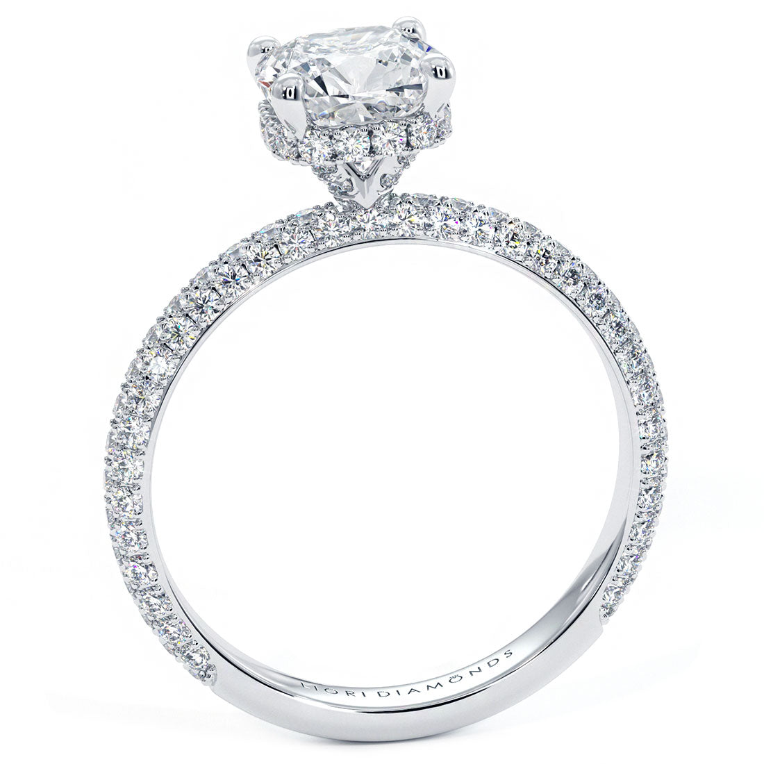 1.5 Carat Cushion Cut Under Halo Trio Micropavé
