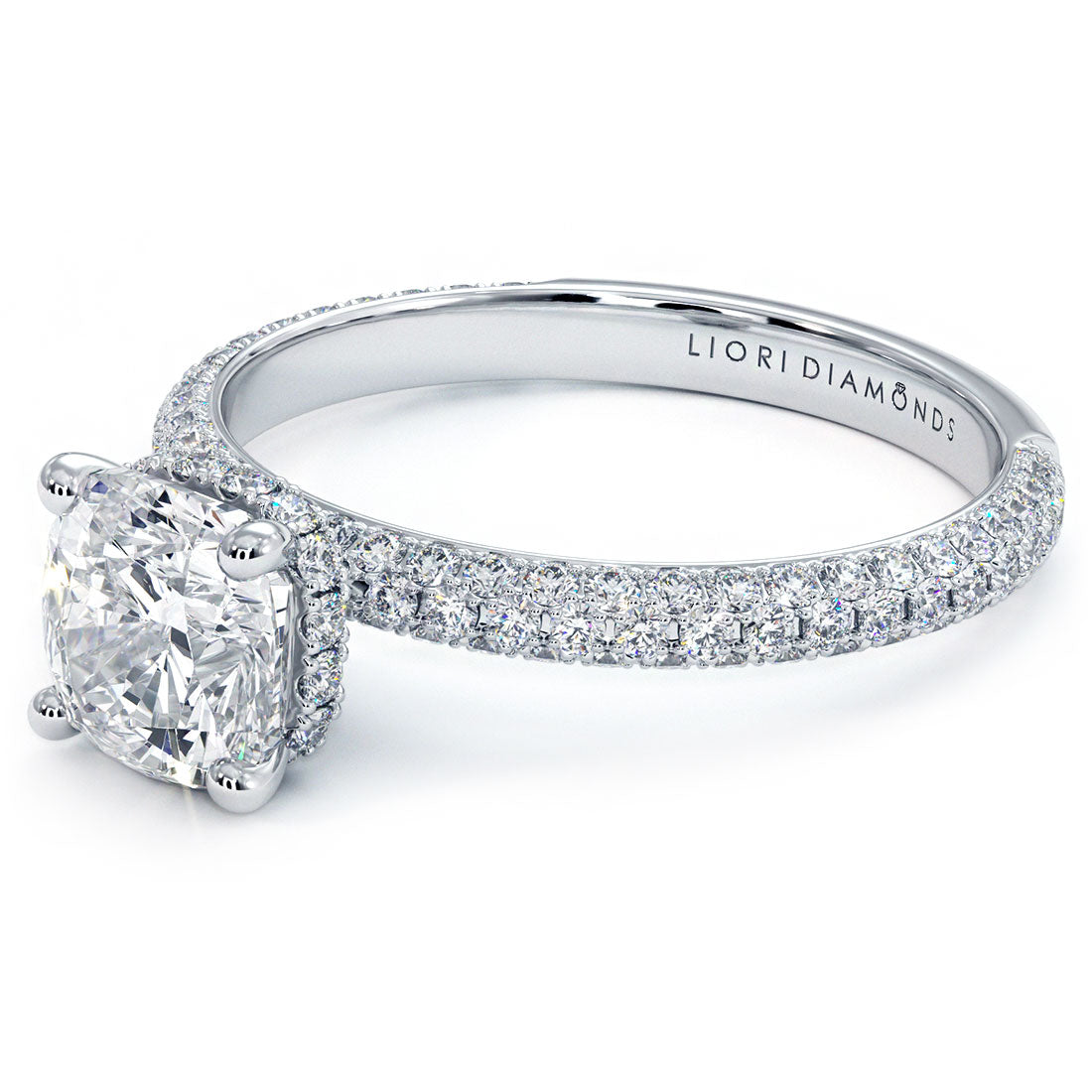 1.5 Carat Cushion Cut Under Halo Trio Micropavé