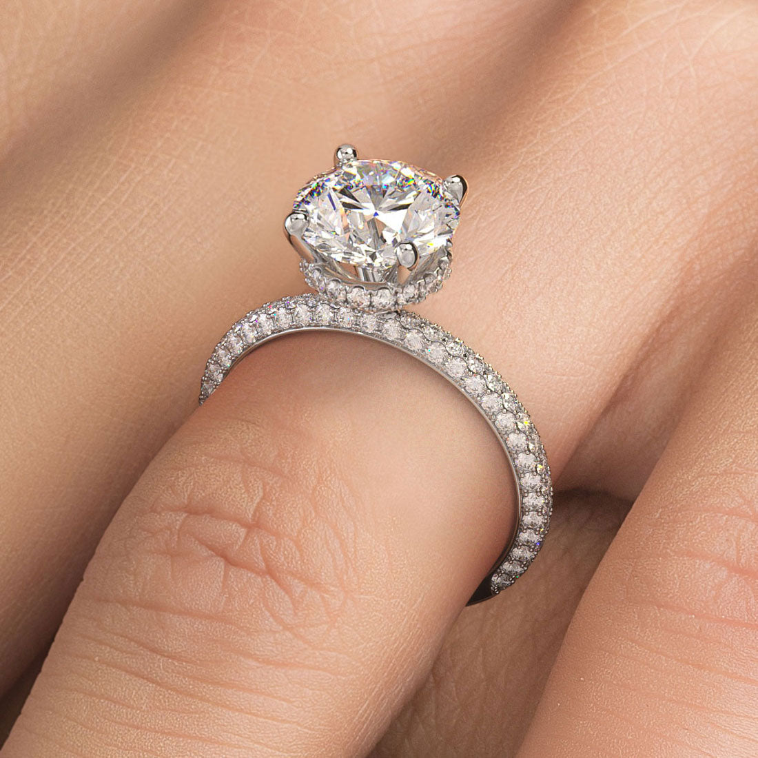 2 Carat Round Brilliant Under Halo Trio Micropavé