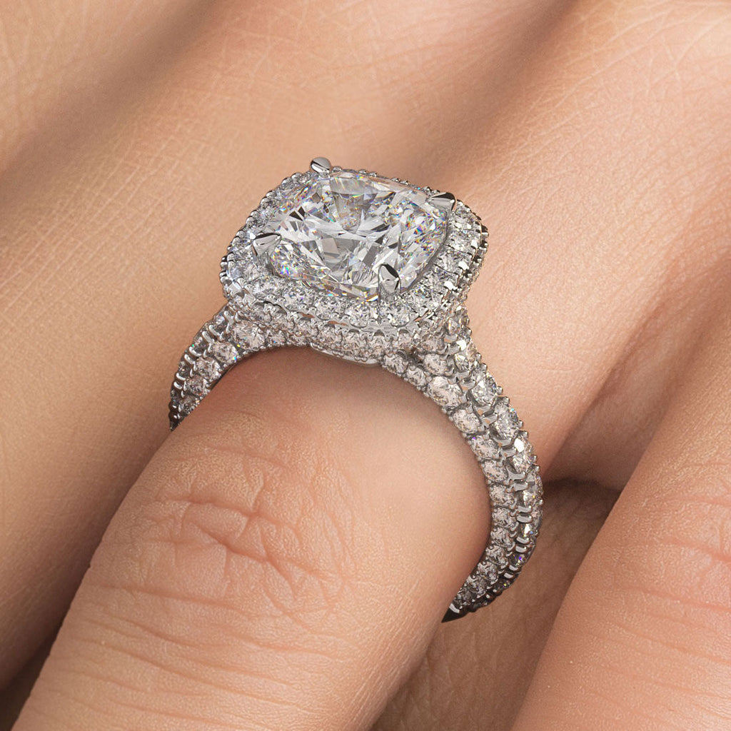 3 Carat Cushion Cut Halo 3D Micropavé Shank