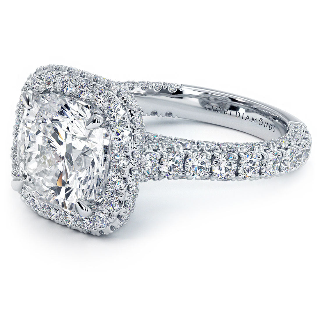 3 Carat Cushion Cut Halo 3D Micropavé Shank