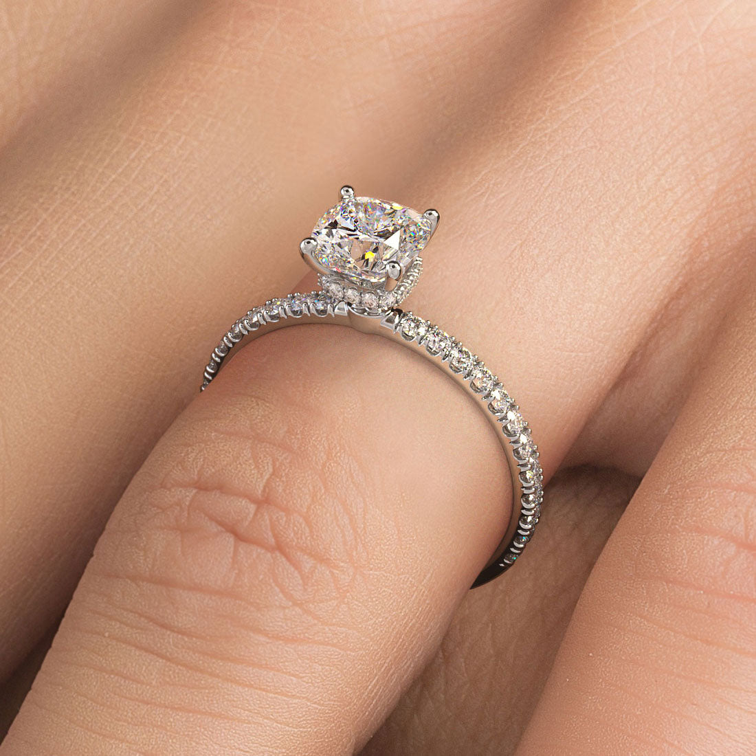 1 Carat Cushion Cut Under Halo Petite Micropavé