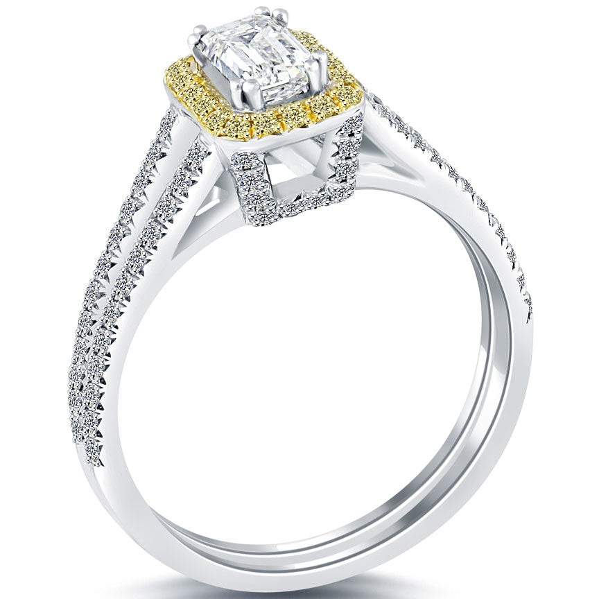 1.33 Carat F-VS1 Emerald Cut Diamond Engagement Ring 18k White Gold Pave Halo