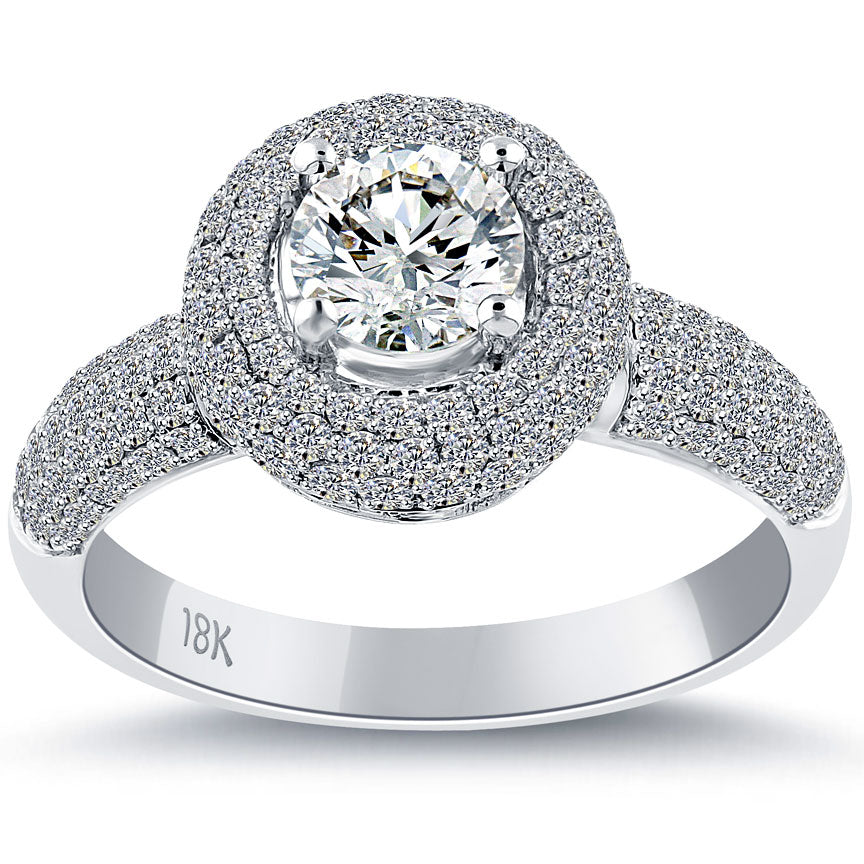 2.33 Carat H-SI1 Natural Round Diamond Engagement Ring 18k White Gold Pave Halo
