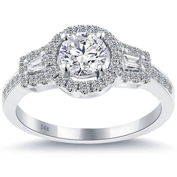 1.41 Carat F-SI1 Natural Round Diamond Engagement Ring 14k White Gold Pave Halo