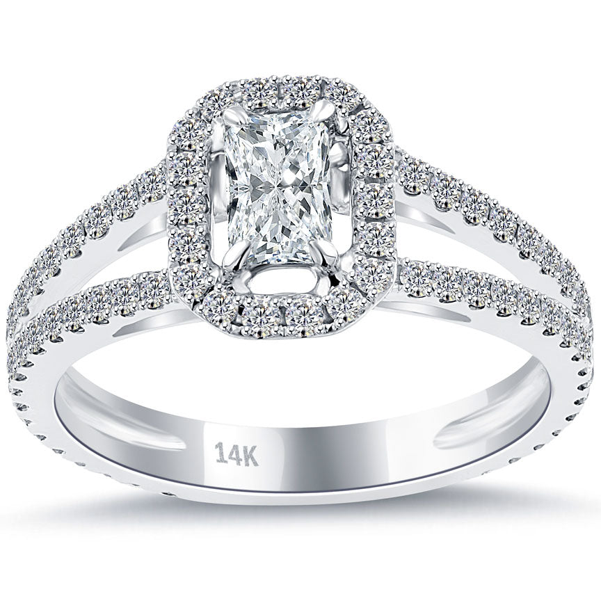 1.61 Carat F-VS2 Radiant Cut Diamond Engagement Ring 14k White Gold Pave Halo