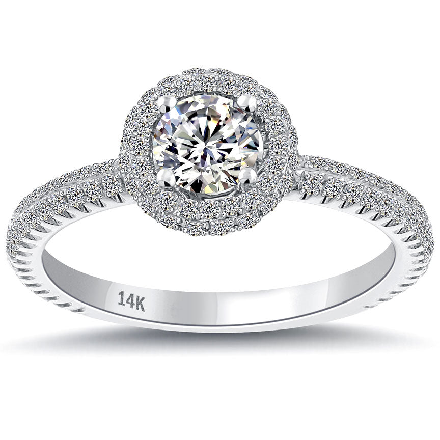 1.07 Carat F-SI1 Natural Round Diamond Engagement Ring 14k White Gold Pave Halo