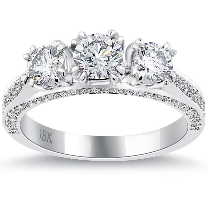 1.80 Carat H-SI1 Three Stone Natural Diamond Engagement Ring 18k White Gold